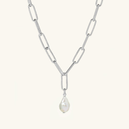Freshwater Pearl Charm Paperclip Necklace Silver
